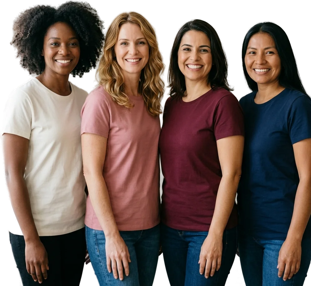 Quatro mulheres adultas, de origens diversas, sorrindo lado a lado. Imagem ilustrativa gerada por IA.